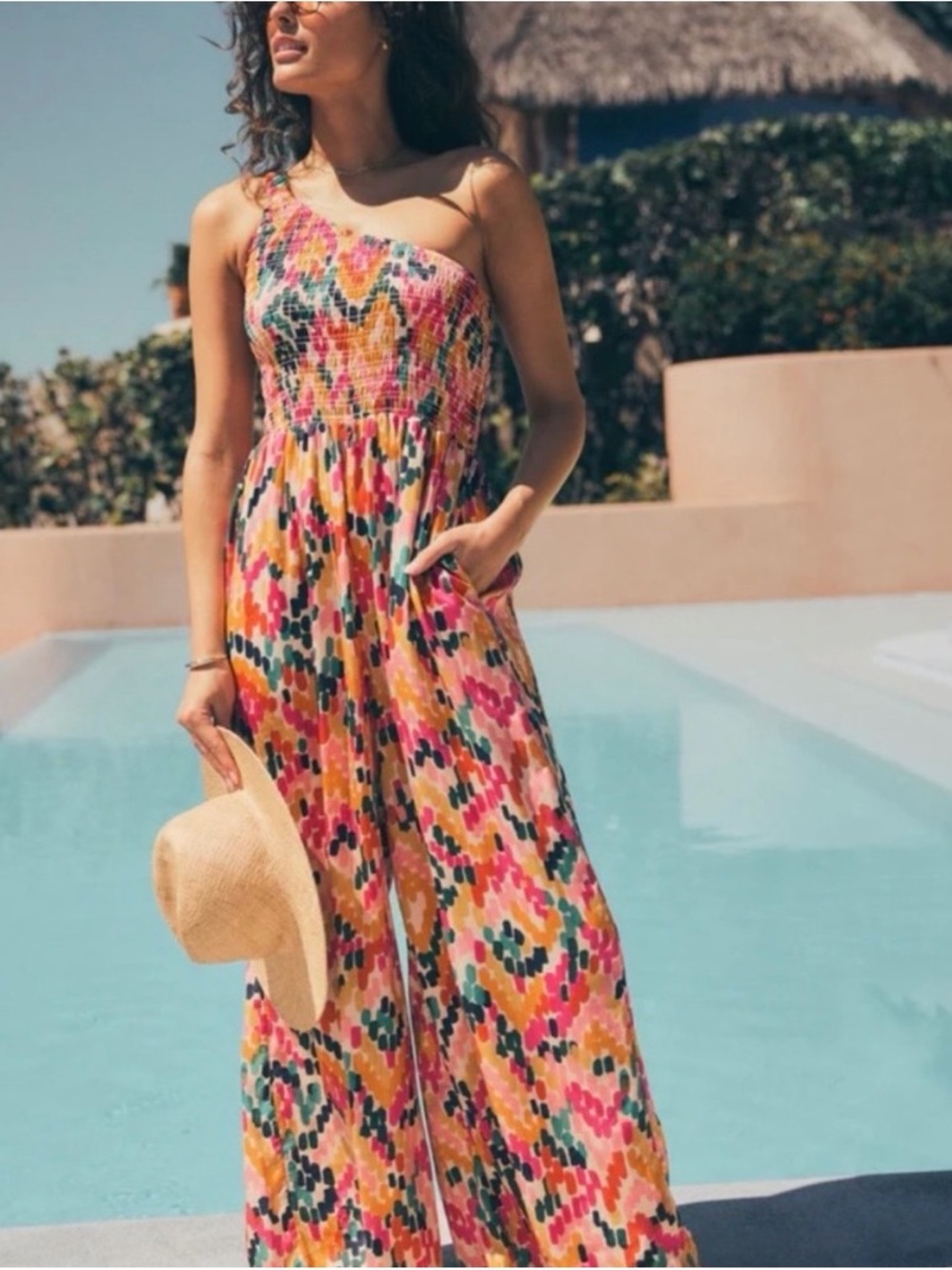 Marine Layer Archive Tessa Smocked One Shoulder Jumpsuit Wide Leg Colorful L